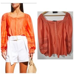 Kobi Halperin Silvia Pintuck Eyelet Cotton Silk Blouse Coral Square Neck M READ